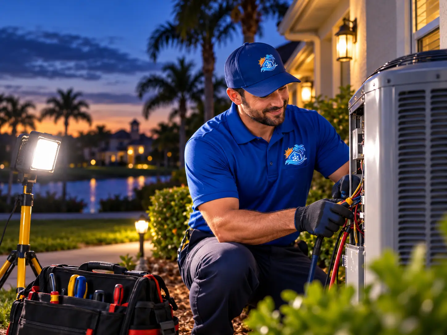 Technician working on an air conditioner condenser during an evening service visit