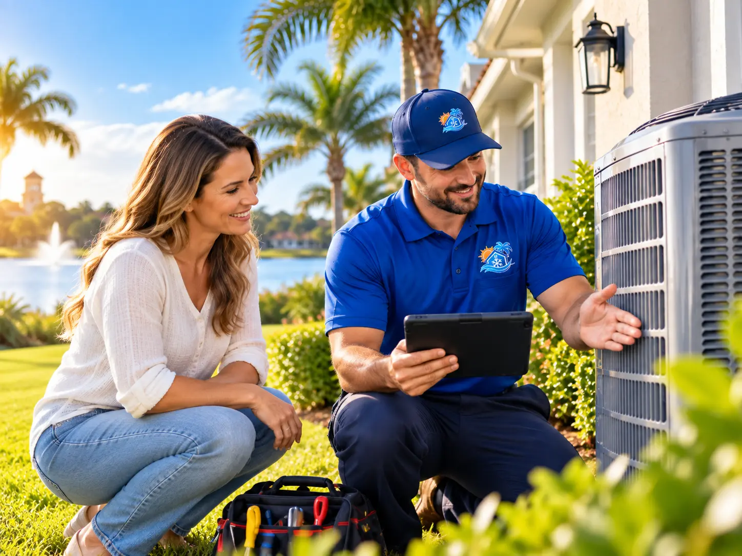 Technician explaining air conditioning findings to a homeowner outside her house