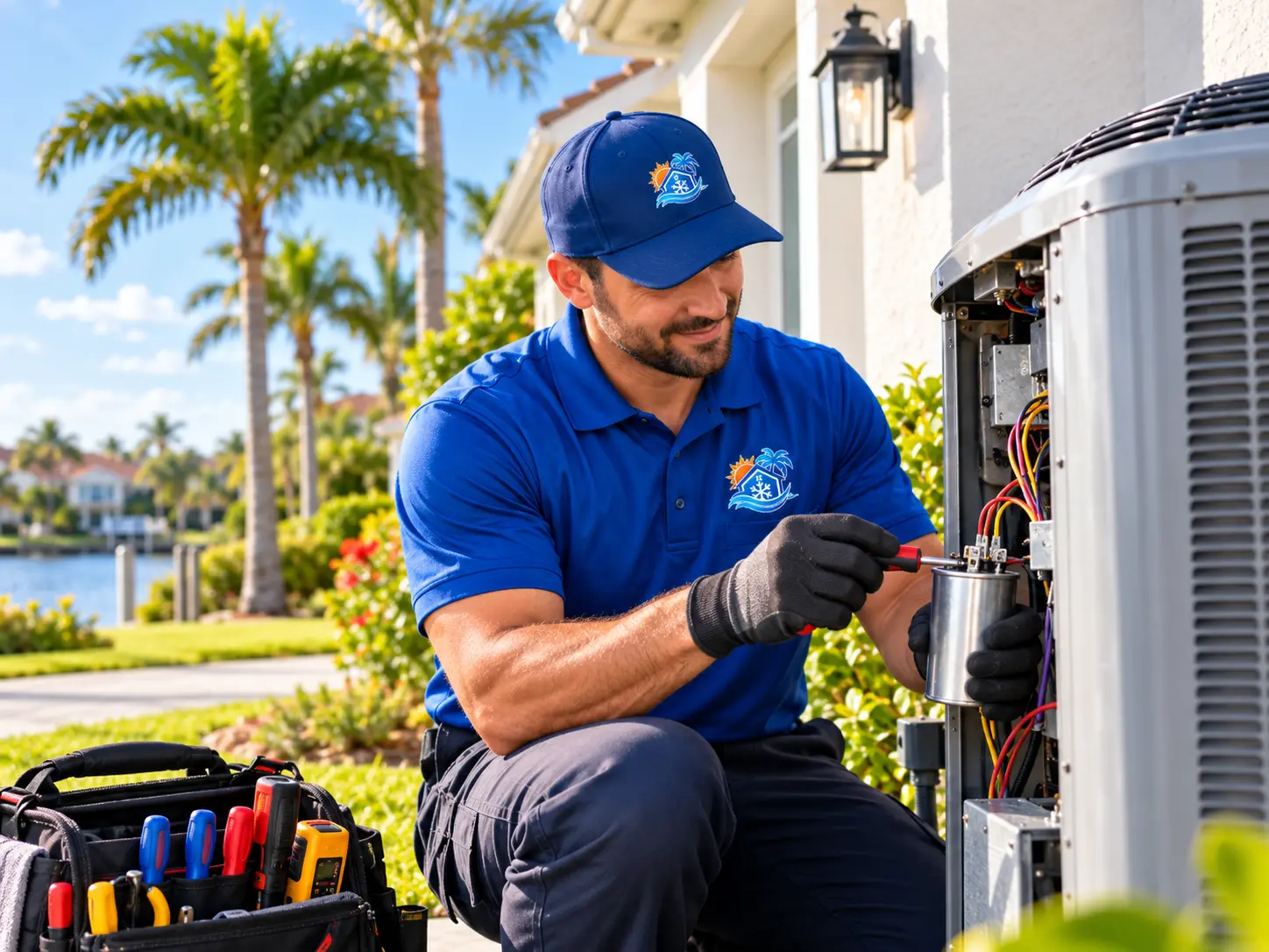 Technician testing a capacitor in an outdoor air conditioning unit