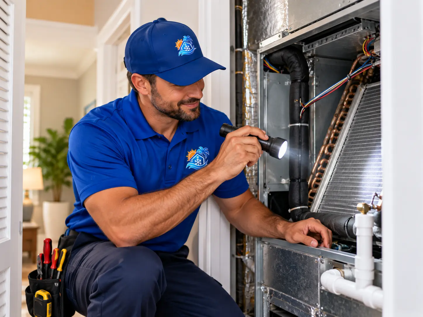Technician inspecting an indoor evaporator coil inside an air handler