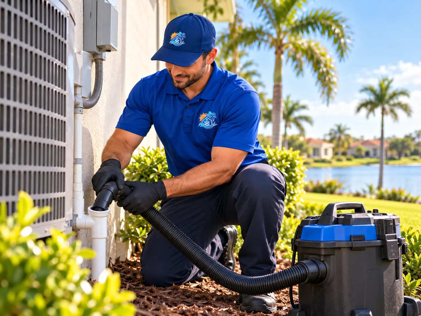 HVAC technician clearing an AC condensate drain line